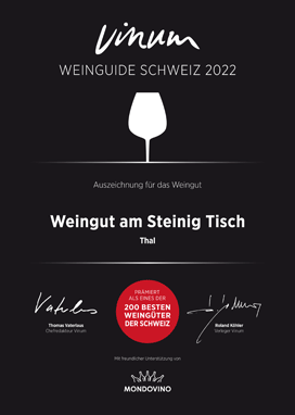 Vinum, das Magazin für Weinkultur, prämiert uns im neuen Weinguide Schweiz als eines der 200 besten Weingüter der Schweiz.
